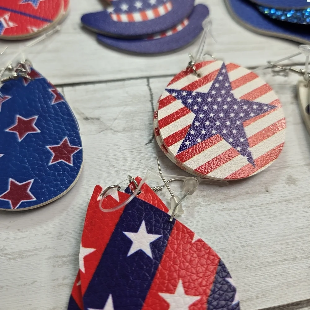 Colorful Patriotic Earrings Set Ten Pieces Glitter Red White Blue Americana